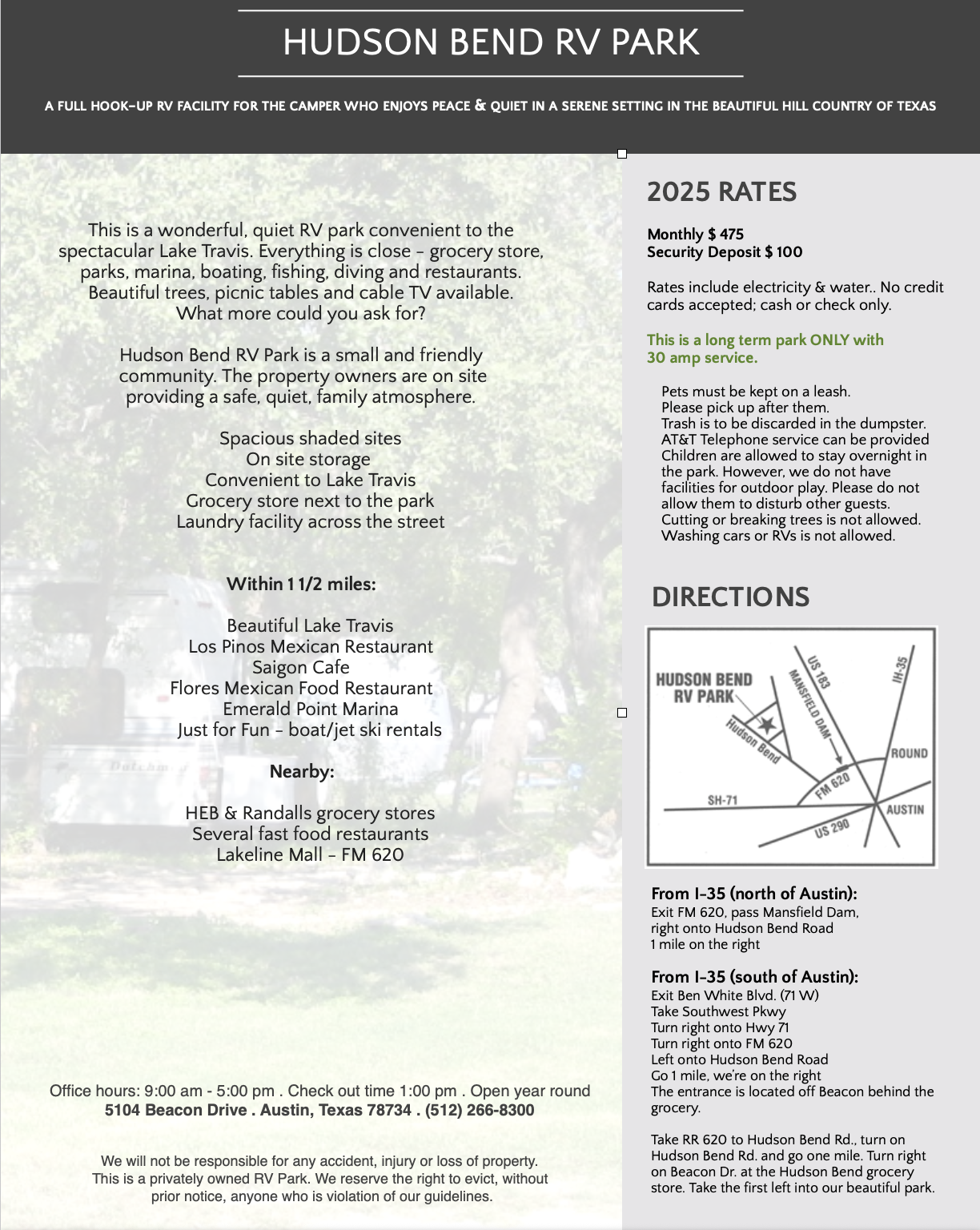 hudson bend rv park $475/mo, security deposit $100